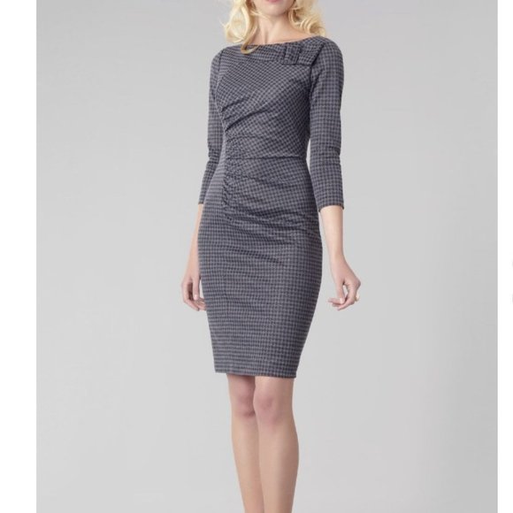 David Meister Black and Gray Houndstooth 3/4 Sleeve Ruched Dress Size 8 - Picture 4 of 16